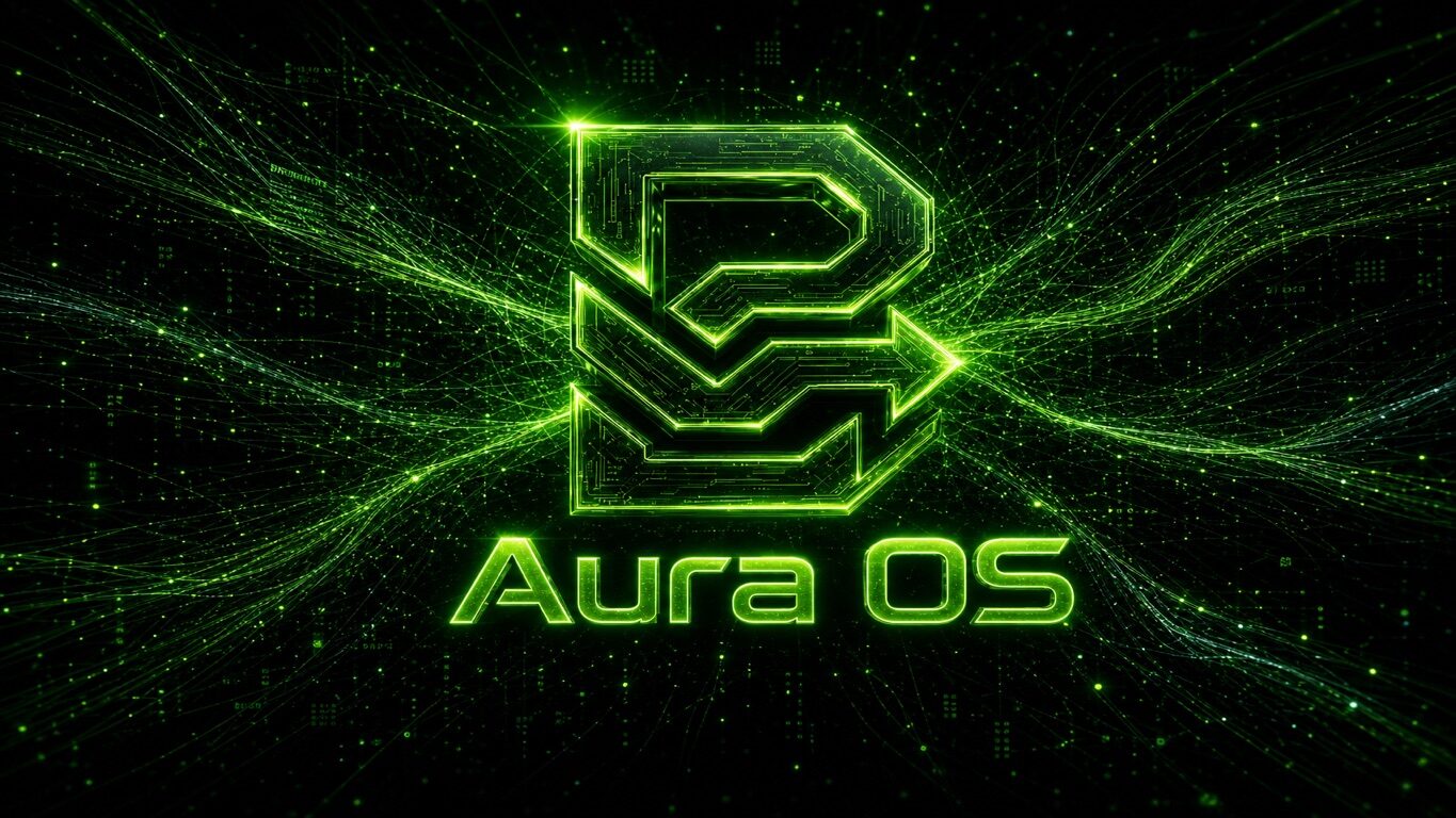 Aura OS Nexus — neon lime circuit mark and wordmark